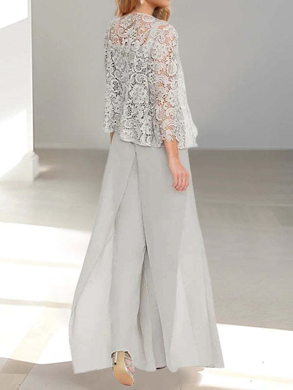 Floor-Length Square Neck Chiffon Mother of the Bride Pantsuit with Jacket & Side Split