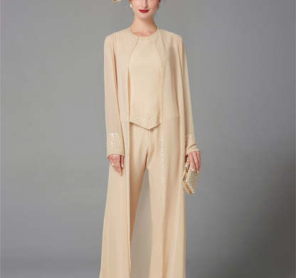Long-Sleeve Chiffon Mother of the Bride Pantsuit with Jacket and Sequins