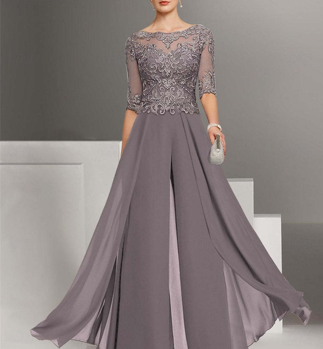 Ankle-Length Mother of the Bride Chiffon Pantsuit with Lace and Jewel Neckline