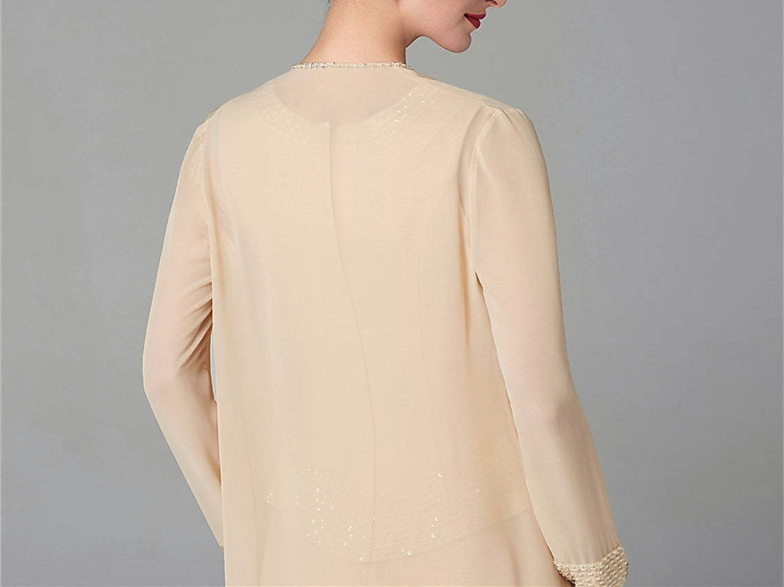 Long-Sleeve Chiffon Mother of the Bride Pantsuit with Jacket and Sequins