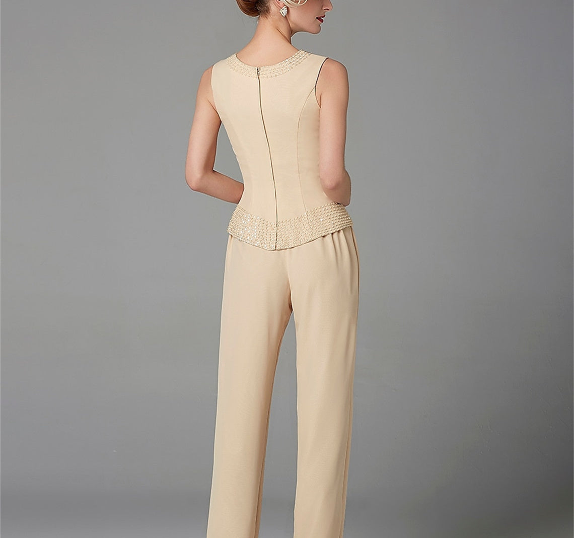 Long-Sleeve Chiffon Mother of the Bride Pantsuit with Jacket and Sequins