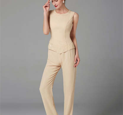 Long-Sleeve Chiffon Mother of the Bride Pantsuit with Jacket and Sequins