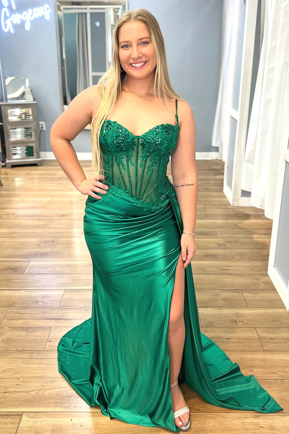 Silver Corset Prom Dress with Trendy Mermaid Spaghetti Straps and Appliques