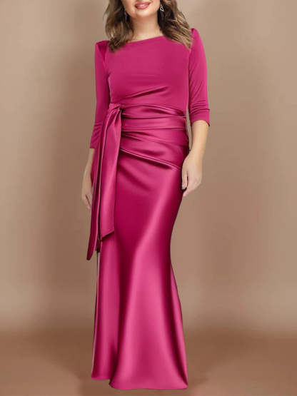 Floor-Length Mother of the Bride Dress with Bow and 3/4 Sleeves in Sheath/Column Style