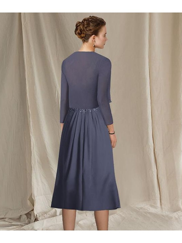 Elegant V-Neck A-Line Princess Tea-Length Dress for the Mother of the Bride