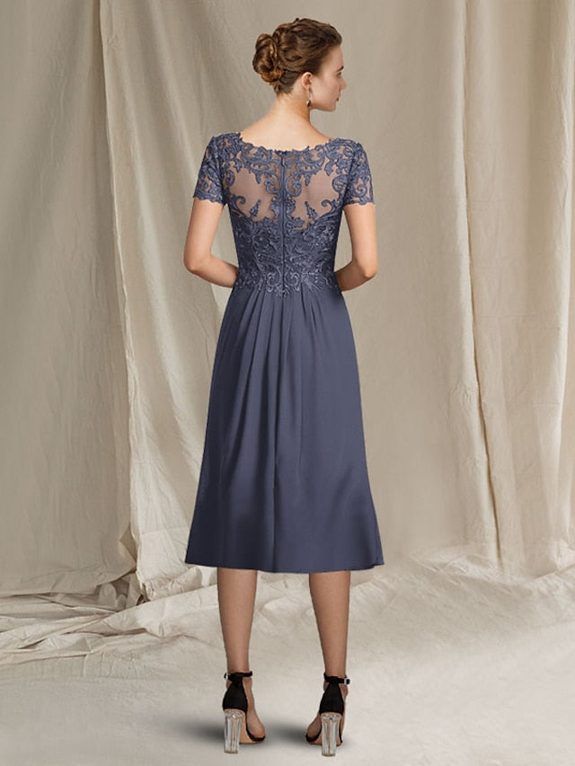 Elegant V-Neck A-Line Princess Tea-Length Dress for the Mother of the Bride
