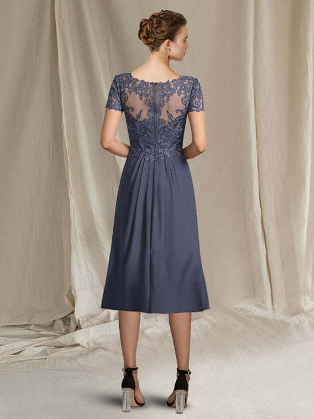 Elegant V-Neck A-Line Princess Tea-Length Dress for the Mother of the Bride