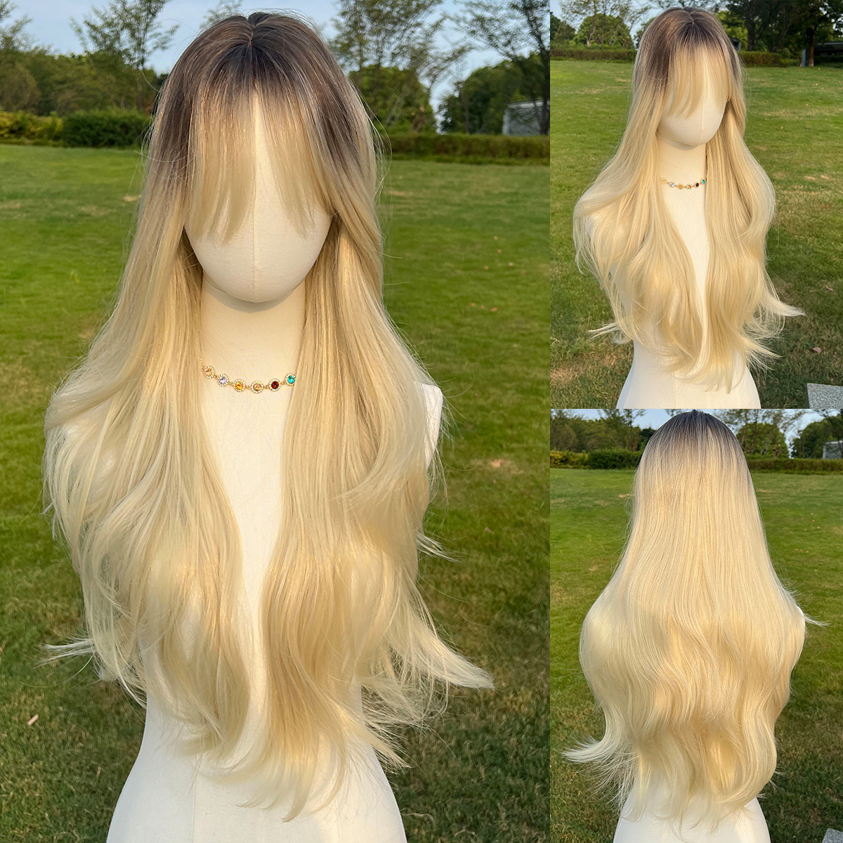 SMILCO/30Inch Ombre Brown Ash Blonde Long Wave With Bangs Synthetic Wi
