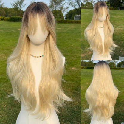 SMILCO/30Inch Ombre Brown Ash Blonde Long Wave With Bangs Synthetic Wig/SM018