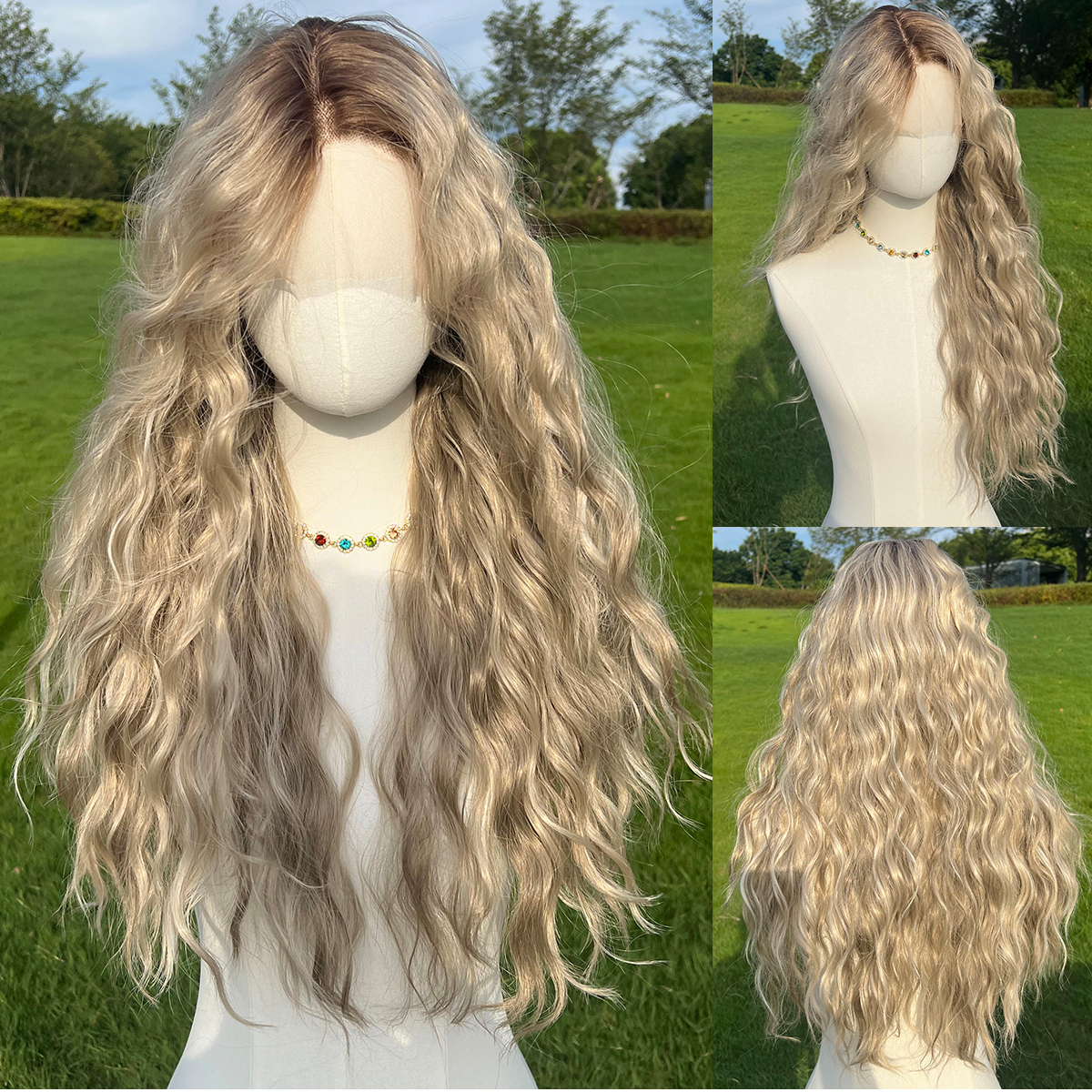 SMILCO/28Inch Ombre Beach Blonde Long Water Wave T-Part Lace Front Syn