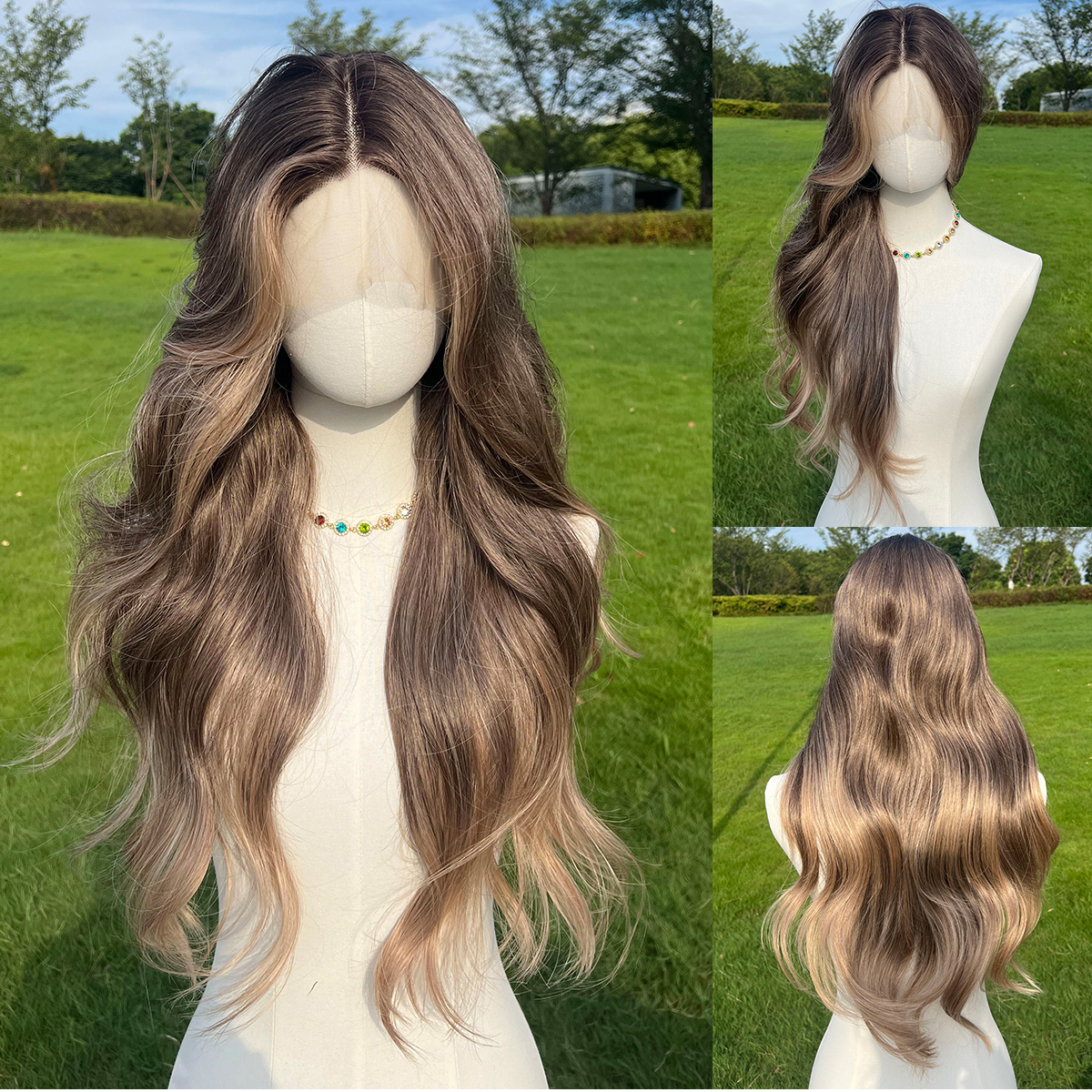 SMILCO/28Inch Ombre Grey Ash Brown Long Wave T-Part Synthetic Wig/SM90