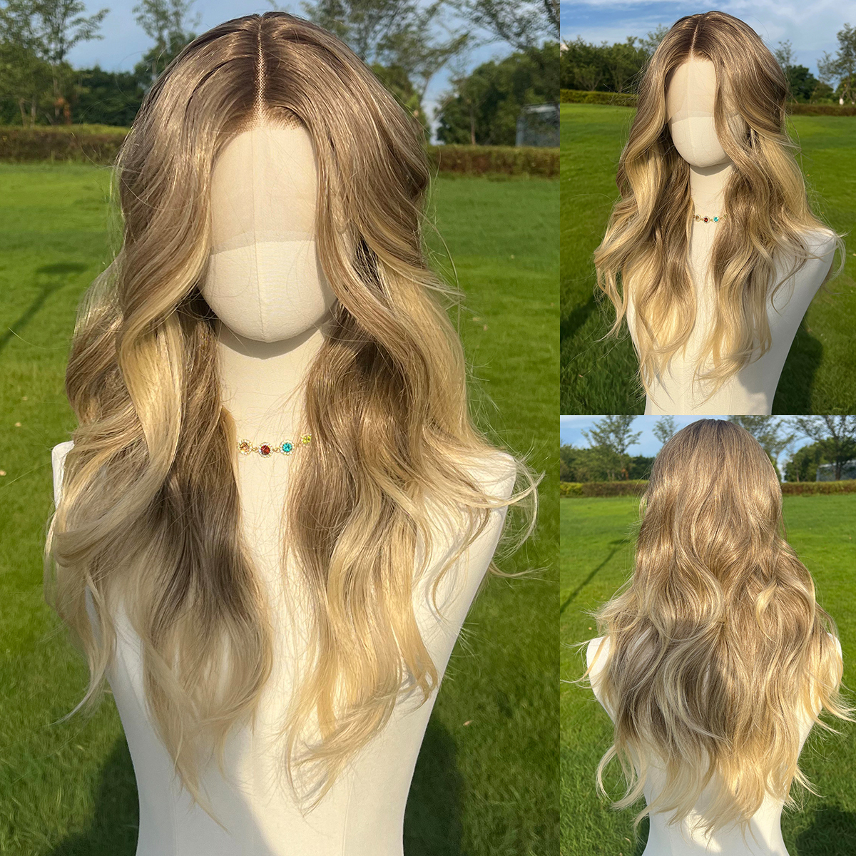 SMILCO/24nch Ombre Brown Ash Blonde Long Curly T-Part Lace FSynthetic 