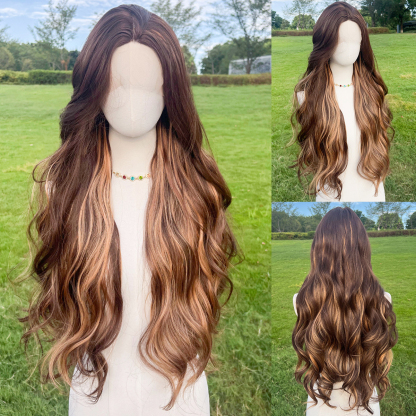 SMILCO/30Inch Highlight Brown With Blonde Long Wave T-Part Lace Front Synthetic Wig/SM9048
