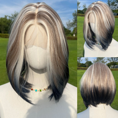 SMILCO/10Inch Highlight&Ombre Brown With Blonde Ash Dark Blue T-Part Lace Front Short Straight Synthetic Wig/SM9137