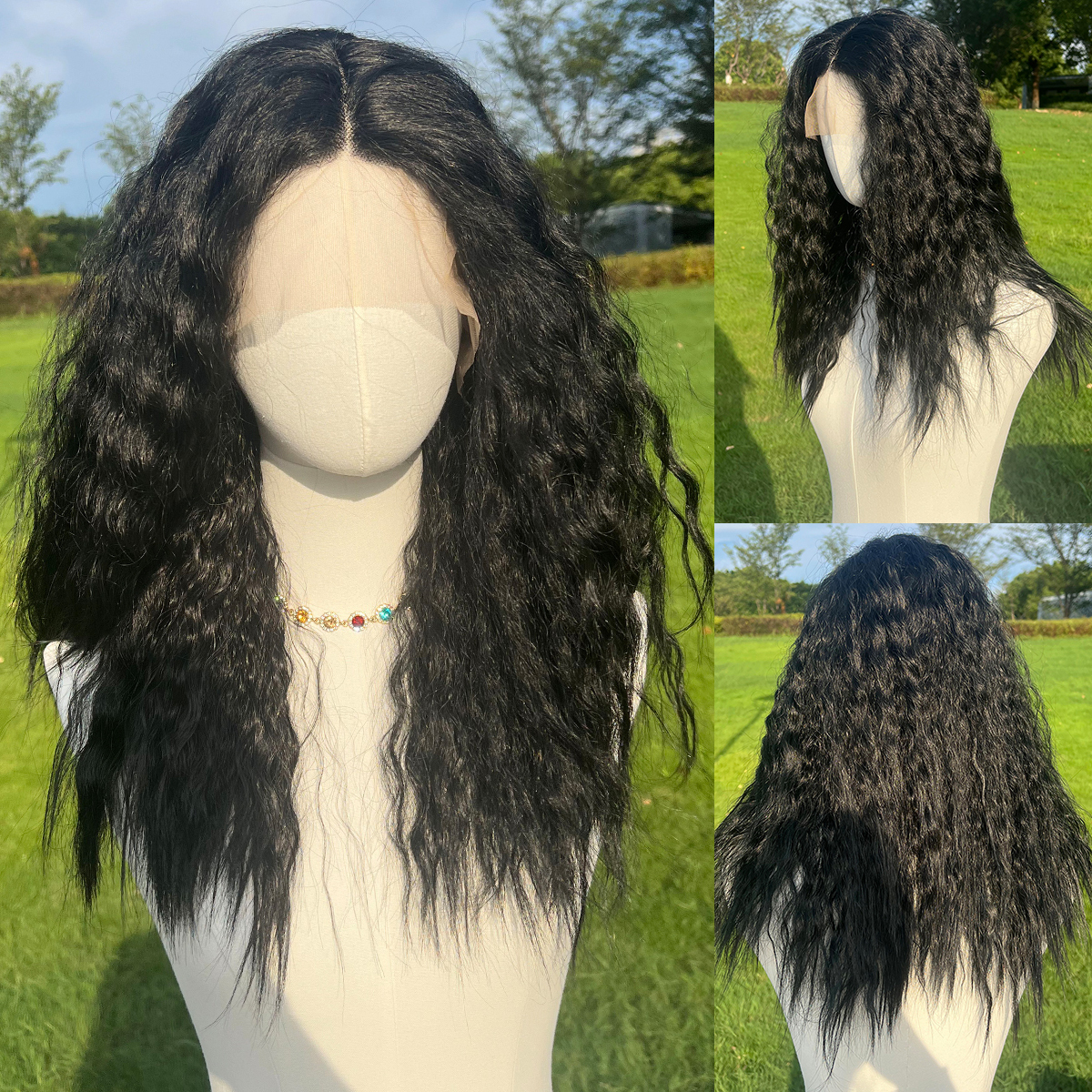 SMILCO/20Inch Dark Brown T-Part Lace Front Medium Wool Curls Synthetic