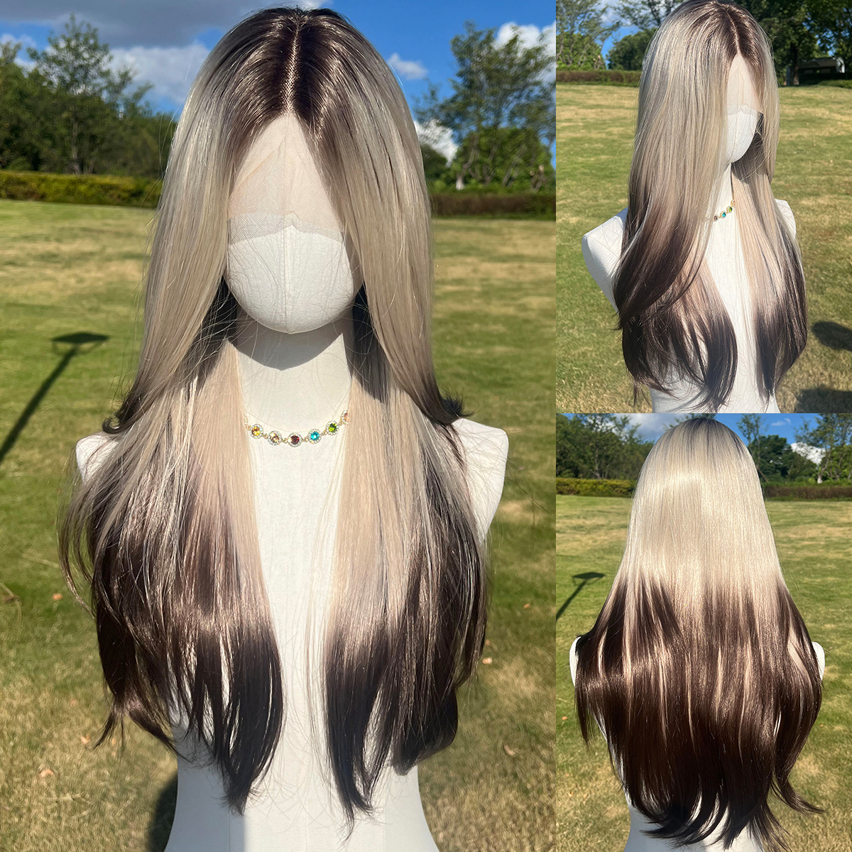 SMILCO/24Inch Ombre Brown Ash Blonde With Black Tail Lace Front Long Straight Wig/SM9217/SM9217B