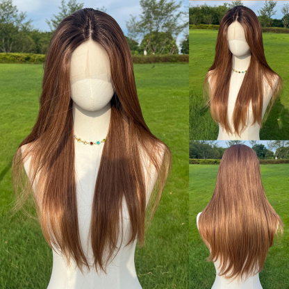 SMILCO/26Inch Ombre Brown Ash Blonde T-Part Lace Front Long Curly Straight Synthetic Wig/SM9218