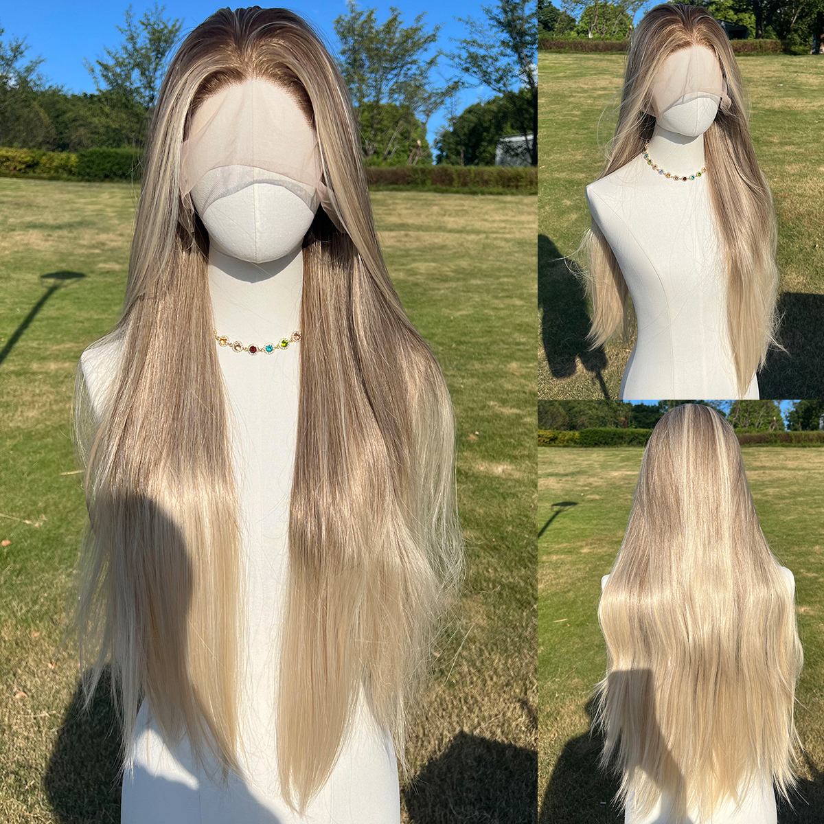 SMILCO/32Inch Ombre Brown Ash Blonde Long Straight Lace Front Synthetic Wig/SM9227/SM9227B