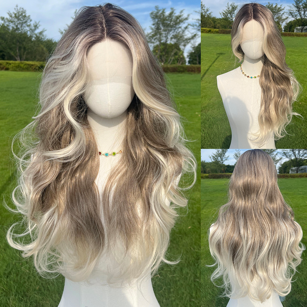 SMILCO/26Inch Ombre&Highlight Blonde With Brown T-Part Lace Front Long