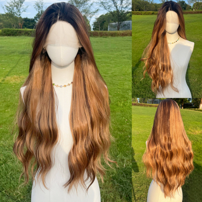 SMILCO/30Inch Ombre With Highlight Brown With Blonde T-Part Lace Front Long Straight Synthetic Wig/SM9232