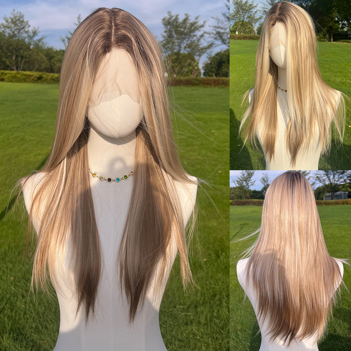 SMILCO/26Inch Ombre Brown Ash Blonde T Part Lace Front Long Straight S