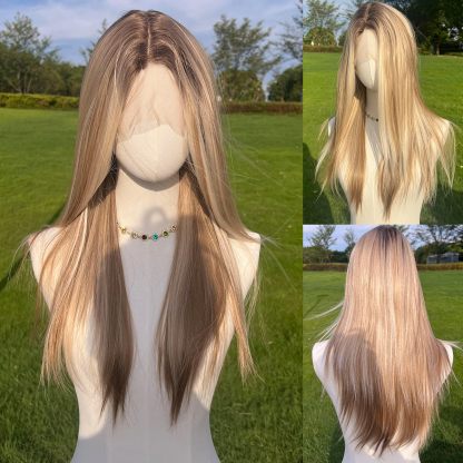 SMILCO/26Inch Ombre Brown Ash Blonde T Part Lace Front Long Straight Synthetic Wig/SM9237