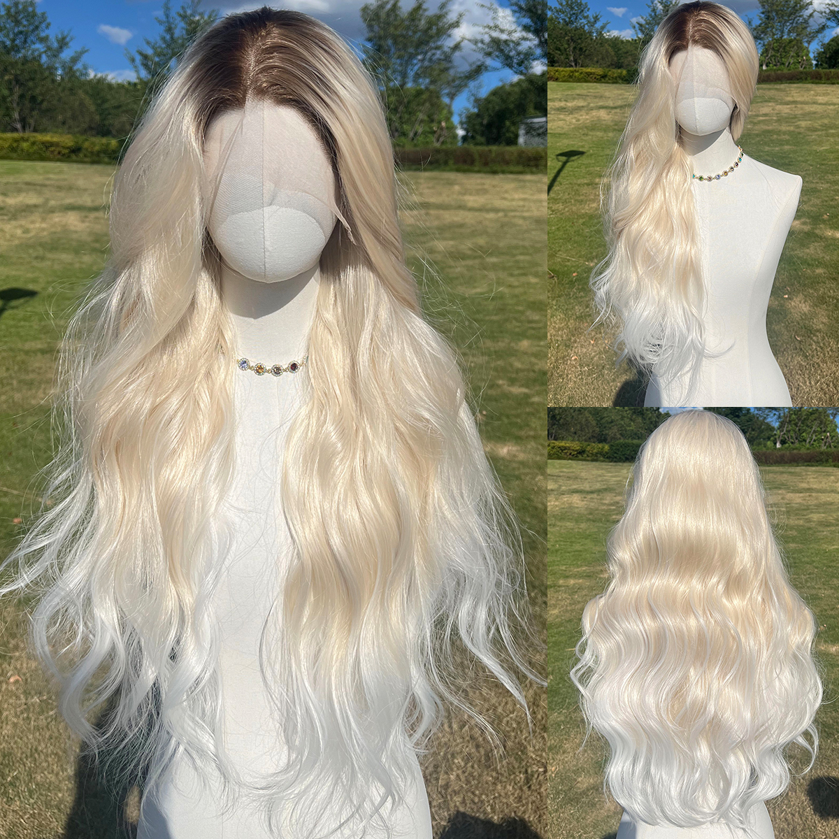 SMILCO/32Inch Ombre Brown Ash Platinum 13*4 Lace Front Long Wave Synth