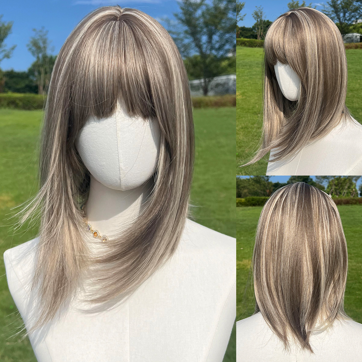 SMILCO/14Inch Highlight Brown With Blonde Short Straight With Bangs Synthetic Wig/SM164