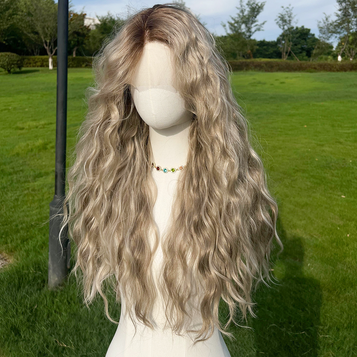 SMILCO/28Inch Ombre Beach Blonde Long Water Wave T-Part Lace Front Synthetic Wig/SM9017