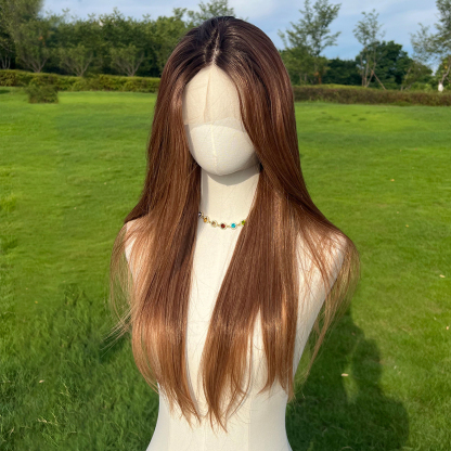 SMILCO/26Inch Ombre Brown Ash Blonde T-Part Lace Front Long Curly Straight Synthetic Wig/SM9218