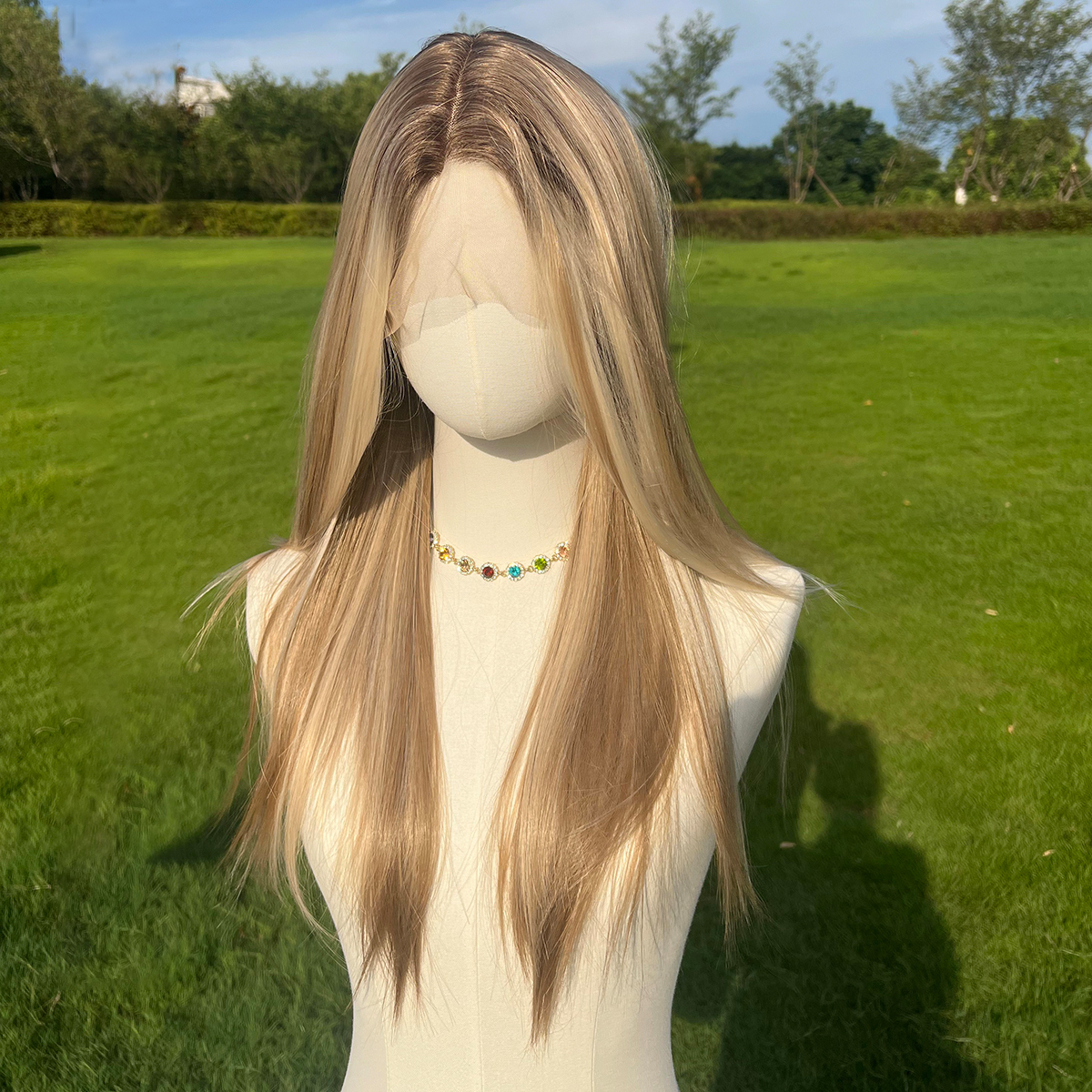 SMILCO/26Inch Ombre Brown Ash Blonde T Part Lace Front Long Straight Synthetic Wig/SM9237