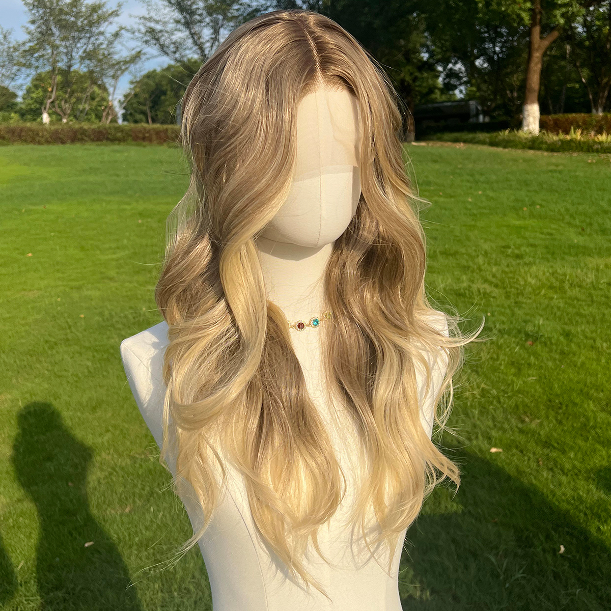 SMILCO/24nch Ombre Brown Ash Blonde Long Curly T-Part Lace Front Synthetic Wig/SM9039