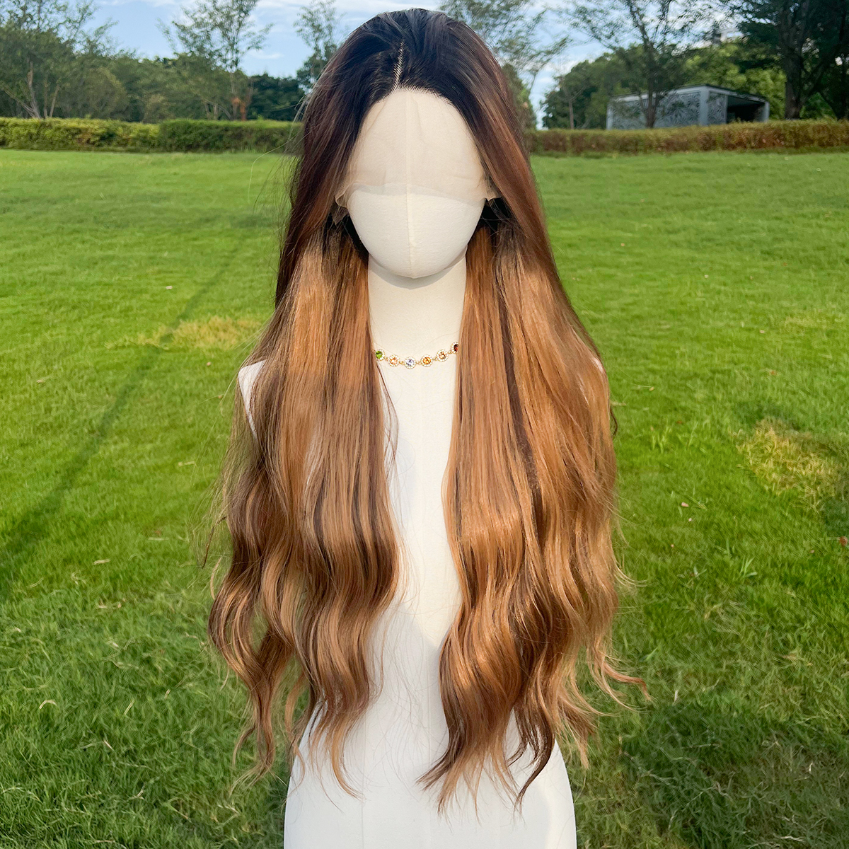 SMILCO/30Inch Ombre With Highlight Brown With Blonde T-Part Lace Front Long Straight Synthetic Wig/SM9232