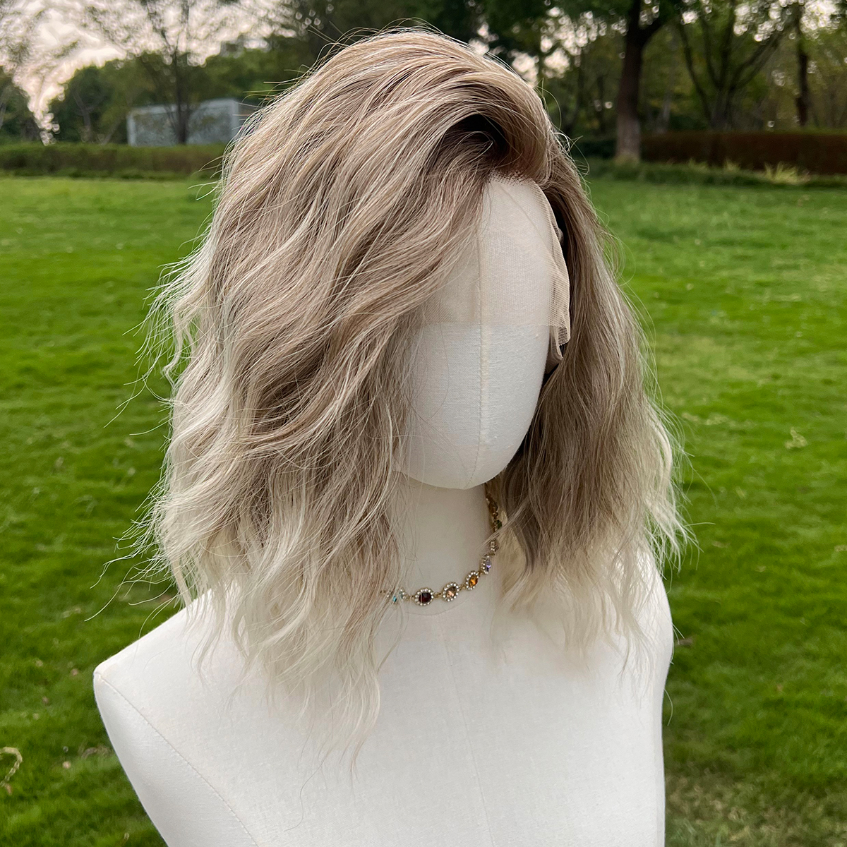 SMILCO/14Inch Ombre Brown Ash Blonde T-Part Lace Front Short Water Wave Synthetic Wig/SM9171