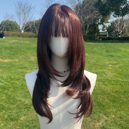 SMILCO/24Inch Luxury Caramel Brown Low Density/Pre-Cut/13*6 Lace Front Free Part Futura Layer Cutted Medium Curly With Bangs/Glueless/Natural Hairline/ Synthetic Lace Front Wig/SM9913