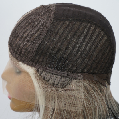 SMILCO/10Inch Highlight&Ombre Brown With Blonde Ash Dark Blue T-Part Lace Front Short Straight Synthetic Wig/SM9137