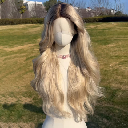 SMILCO/28Inch Ombre Brown Ash Blonde Long Curly T-Part Synthetic Wig/SM9023