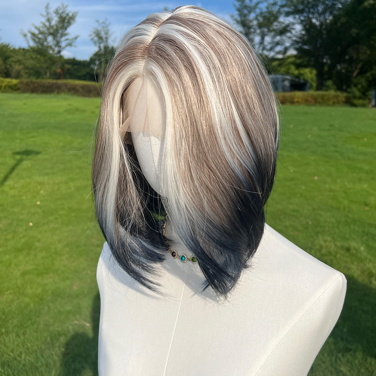 SMILCO/10Inch Highlight&Ombre Brown With Blonde Ash Dark Blue T-Part Lace Front Short Straight Synthetic Wig/SM9137