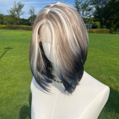 SMILCO/10Inch Highlight&Ombre Brown With Blonde Ash Dark Blue T-Part Lace Front Short Straight Synthetic Wig/SM9137