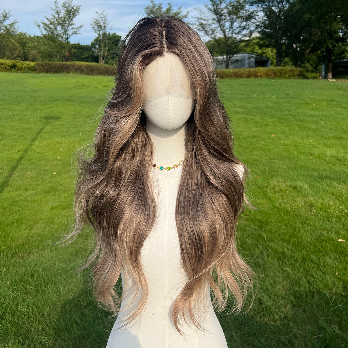SMILCO/28Inch Ombre Grey Ash Brown Long Wave T-Part Synthetic Wig/SM9022