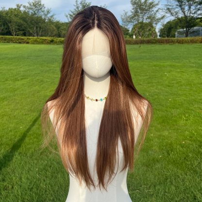 SMILCO/26Inch Ombre Brown Ash Blonde T-Part Lace Front Long Curly Straight Synthetic Wig/SM9218