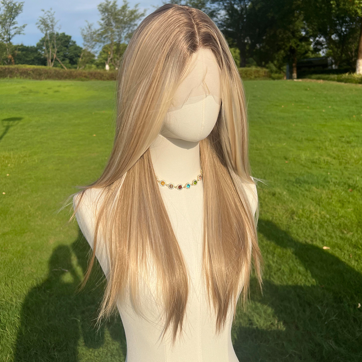 SMILCO/26Inch Ombre Brown Ash Blonde T Part Lace Front Long Straight Synthetic Wig/SM9237
