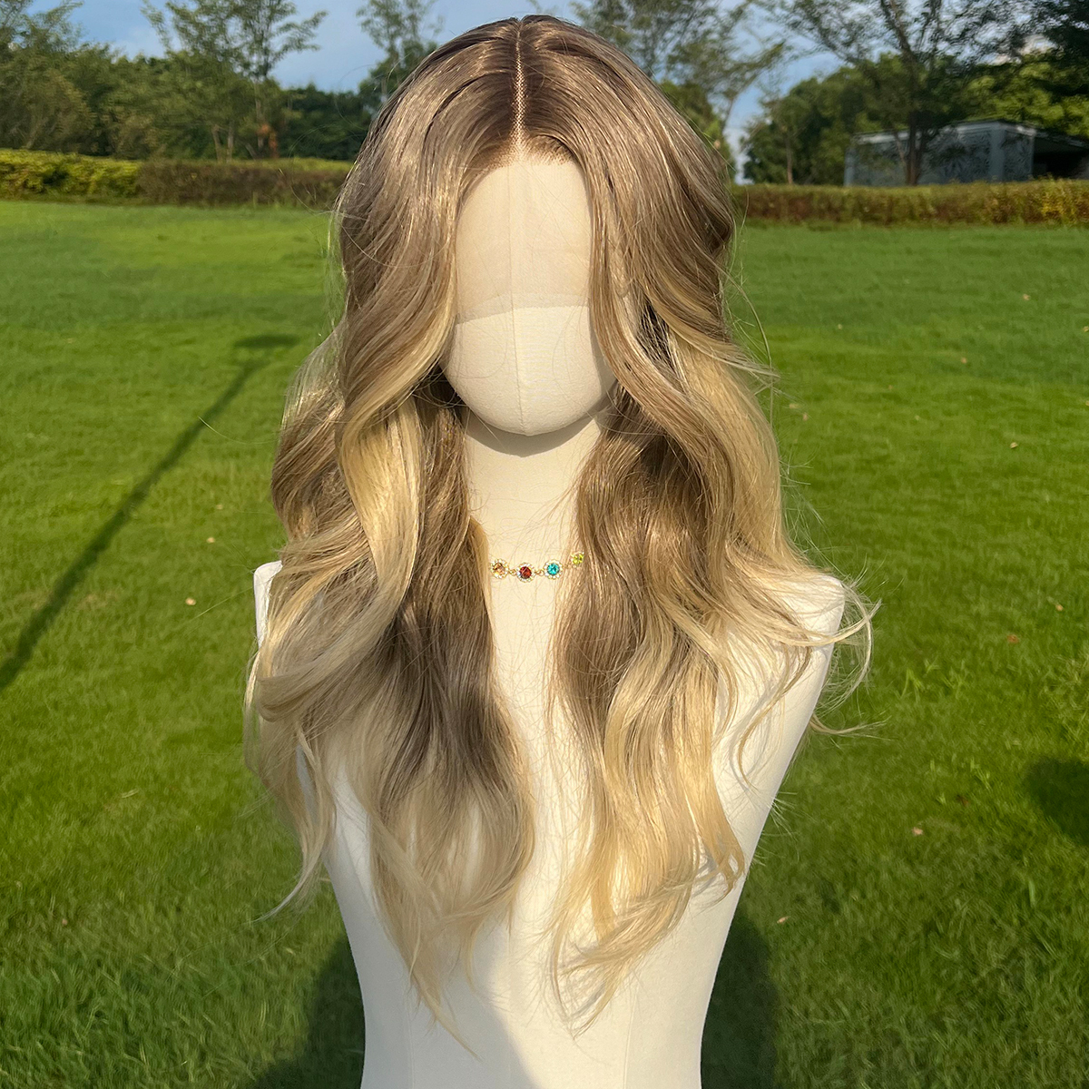 SMILCO/24nch Ombre Brown Ash Blonde Long Curly T-Part Lace Front Synthetic Wig/SM9039