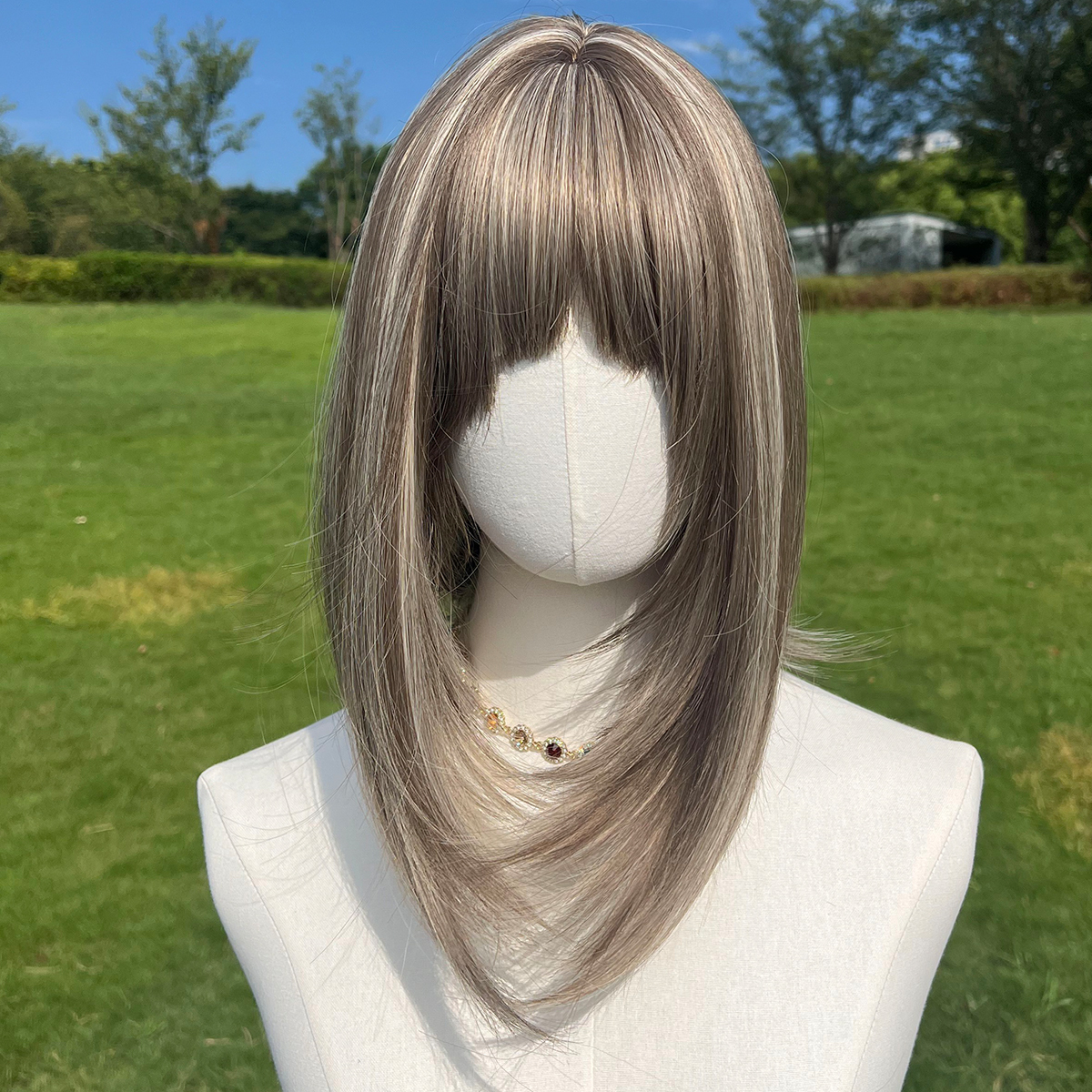 SMILCO/14Inch Highlight Brown With Blonde Short Straight With Bangs Synthetic Wig/SM164