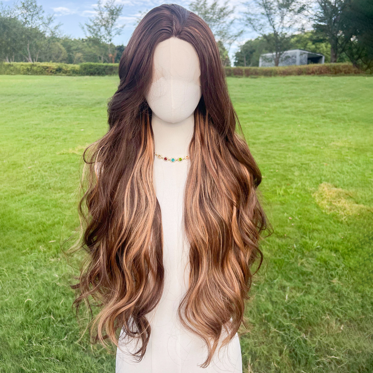 SMILCO/30Inch Highlight Brown With Blonde Long Wave T-Part Lace Front Synthetic Wig/SM9048