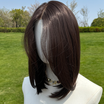 SMILCO/14lnch Deep Brown Low Density/Pre-Cut/13*6Lace Front Free Part Futura Layer Cutted Short Curly With Bangs/Glueless/Natural Hairline/ Synthetic Lace FrontWig/SM9916