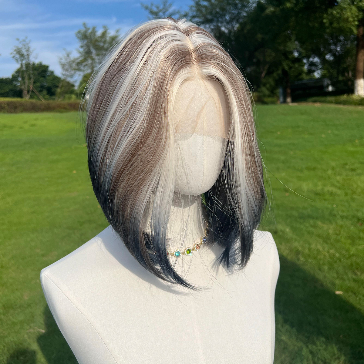 SMILCO/10Inch Highlight&Ombre Brown With Blonde Ash Dark Blue T-Part Lace Front Short Straight Synthetic Wig/SM9137