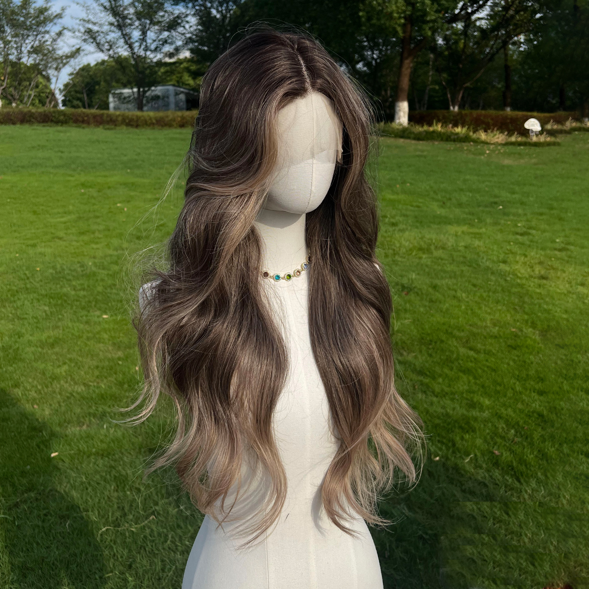 SMILCO/28Inch Ombre Grey Ash Brown Long Wave T-Part Synthetic Wig/SM9022