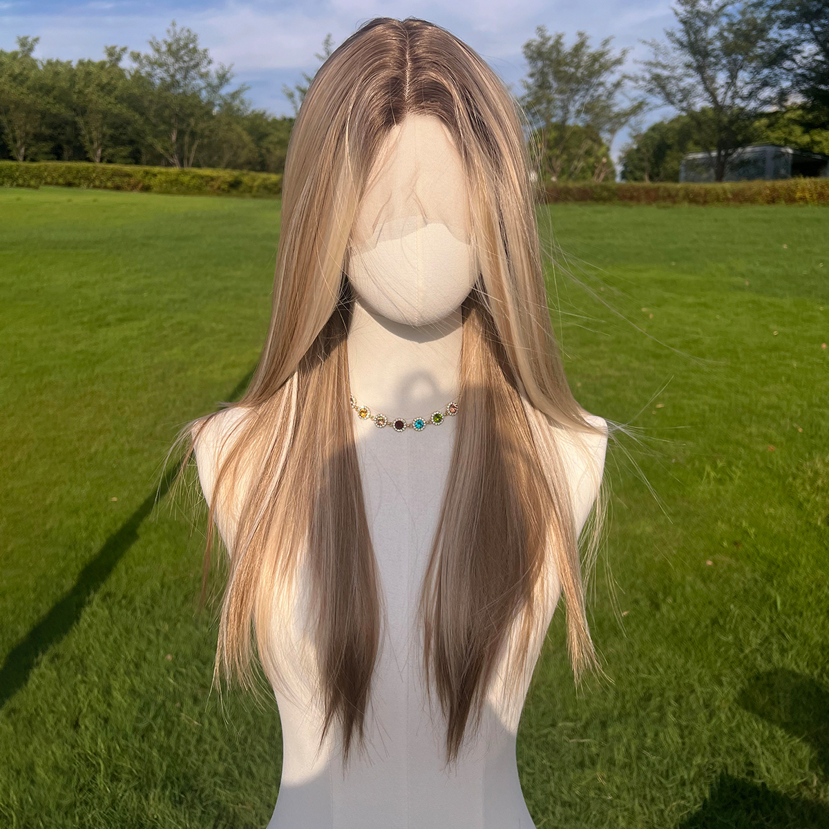 SMILCO/26Inch Ombre Brown Ash Blonde T Part Lace Front Long Straight Synthetic Wig/SM9237