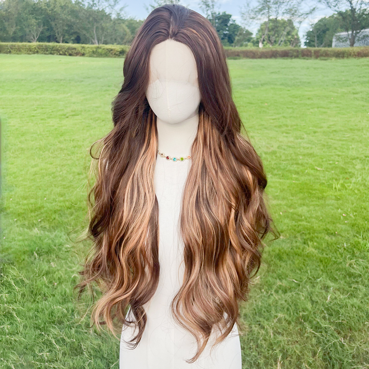 SMILCO/30Inch Highlight Brown With Blonde Long Wave T-Part Lace Front Synthetic Wig/SM9048